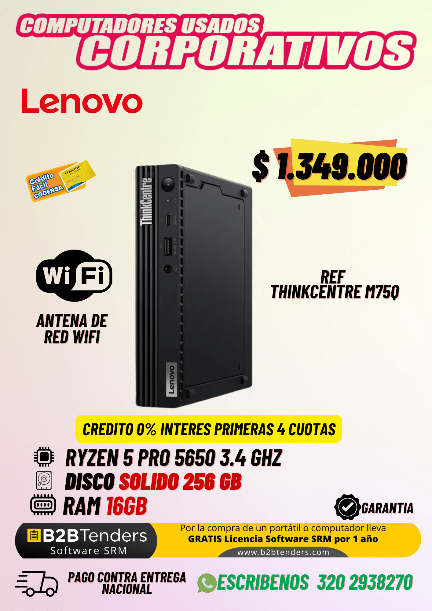 Computador Lenovo ThinkCentre M75q  WIFI Ryzen 5 PRO 5650GE | 16GB RAM – SSD 256GB | Usado Corporativo